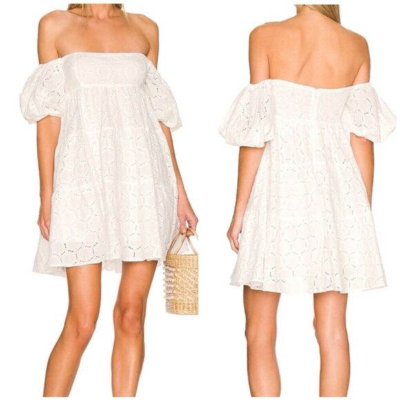 Bardot Sofia Broderie Mini Dress Off the Shoulder Eyelet Size  10 Puff Sleeve - Picture 1 of 13